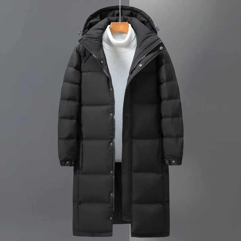 Men's long puffer jacket with insulated hood and full-length zip