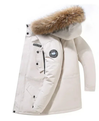 Men's parka winter jacket with fur hood and button fastening