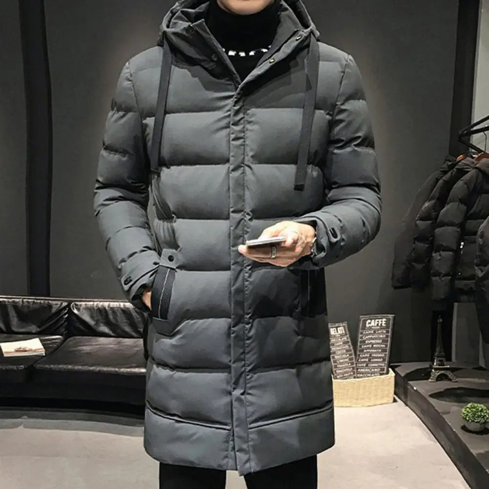 Puffer jacket men long with adjustable hood and side pockets