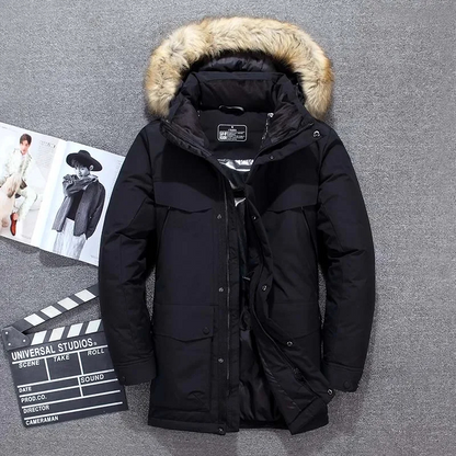 Men's parka winter jacket with fur hood and thick padding