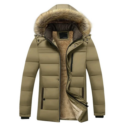 Men's lined parka jacket with detachable faux fur collar