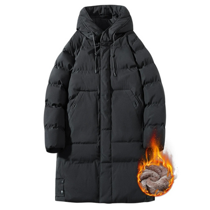 Men's long puffer jacket with adjustable hood and zip pockets