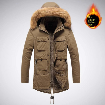 Men's parka winter jacket with fur hood and fleece lining