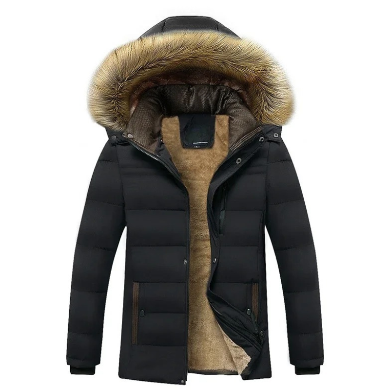 Men's lined parka jacket with hood and faux fur trim