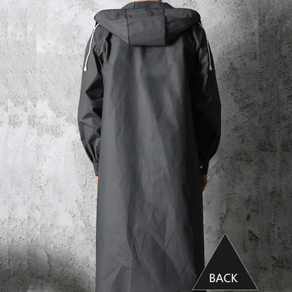 Men's long waterproof mackintosh with hood and press studs