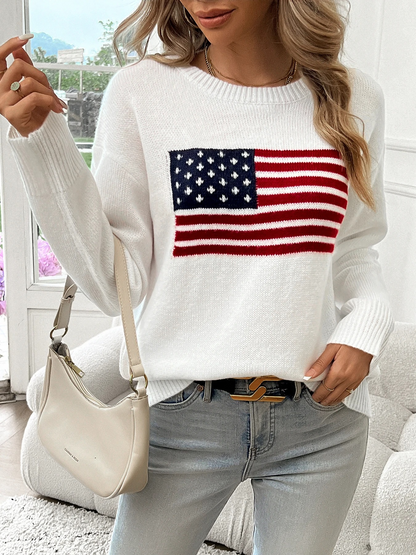 Casual Knitted Sweater With American Flag Print - Women's Sweater