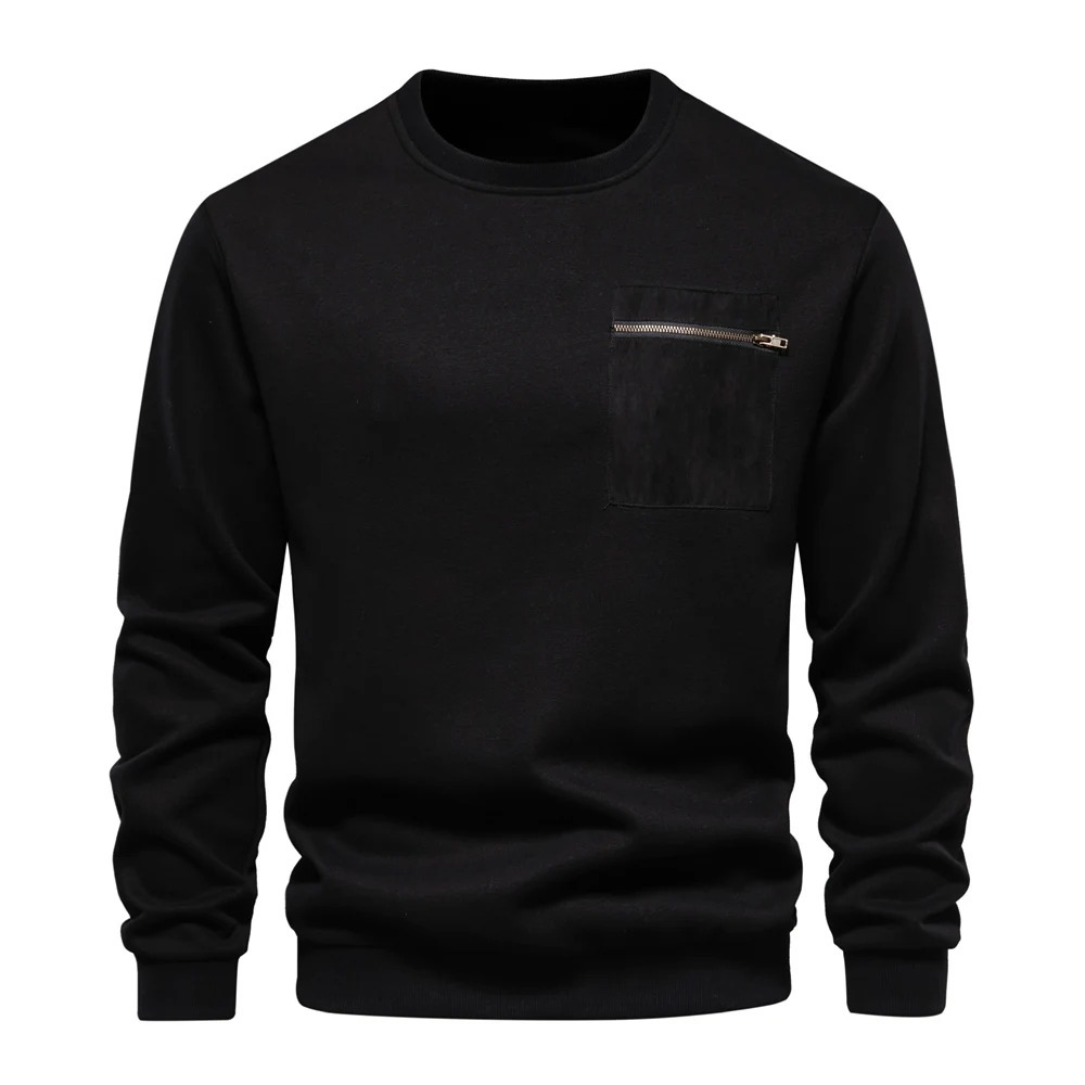 Men's sweater, round neck casual jumper with zip pocket