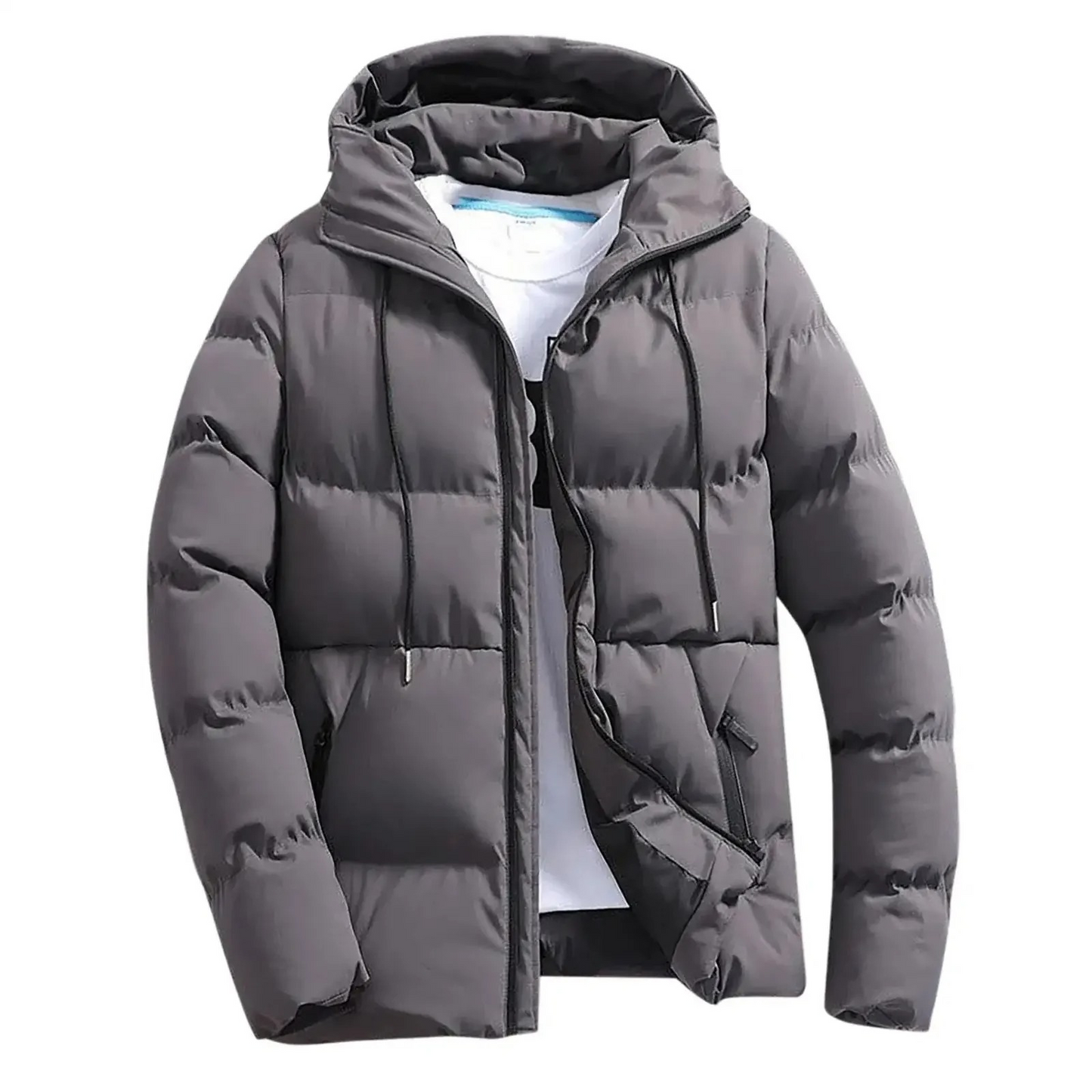 Men's puffer jacket with hood and drawstring