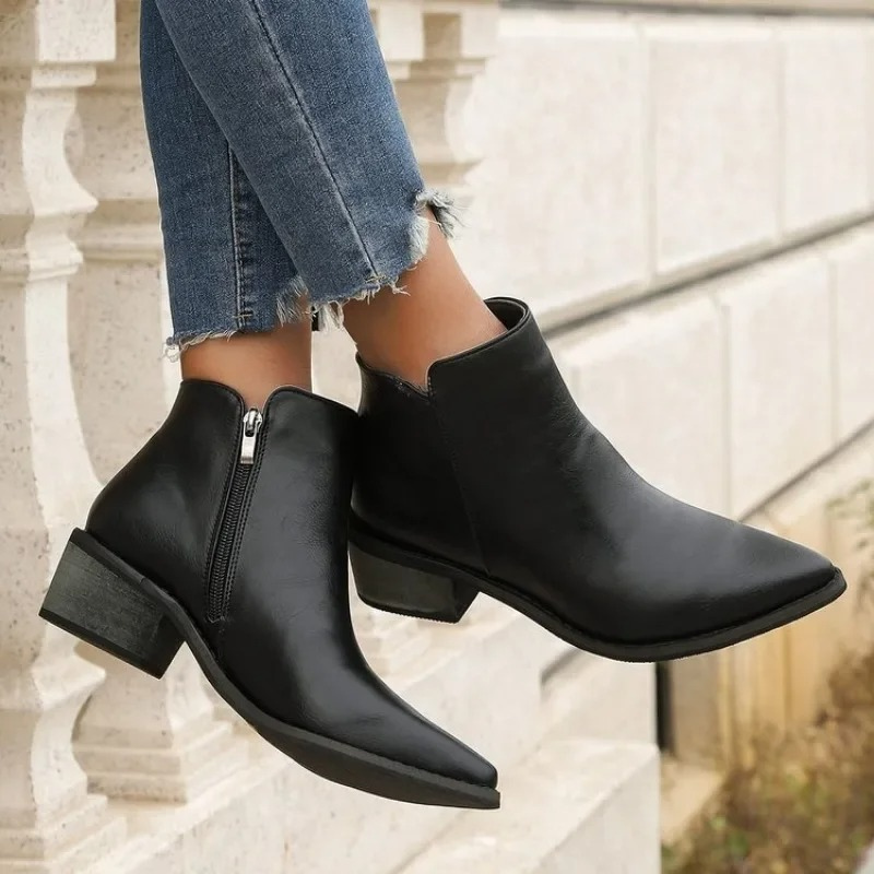 Stylish Ankle Boots with Zipper and Block Heel - Women's Ankle Boots