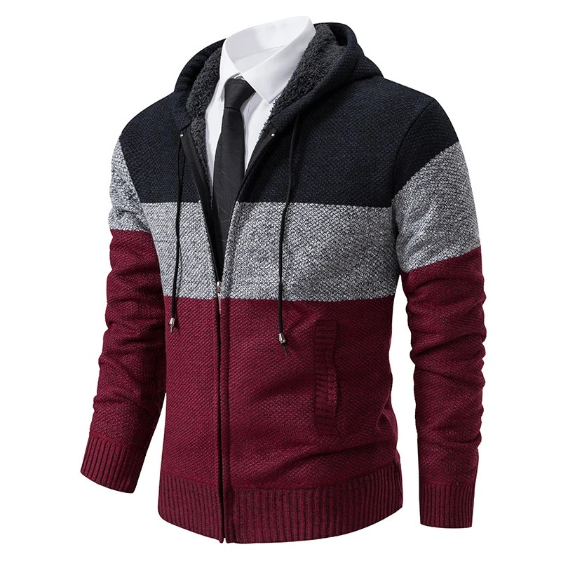 Men's sweater with hood, knitted cardigan with zip and drawstring