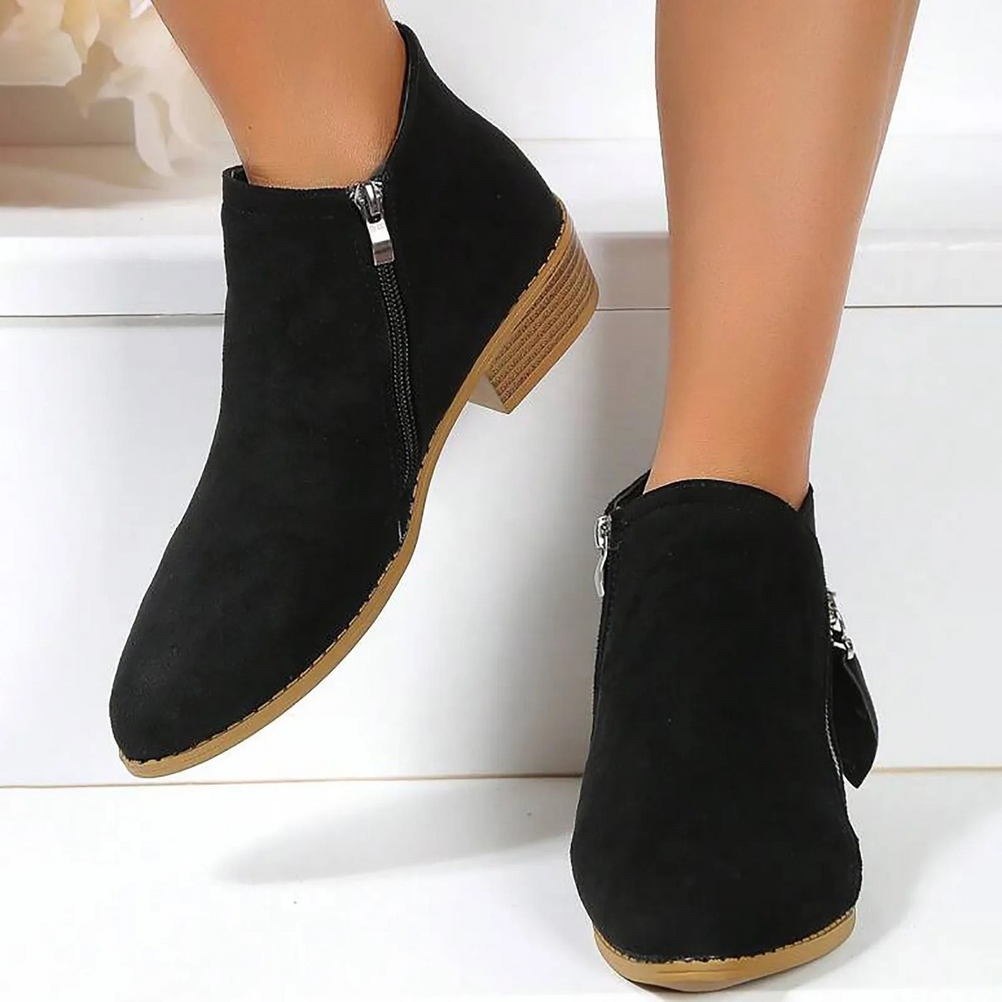 Women's Suede Ankle Boots with Zipper and Low Heel - Women's Ankle Boots