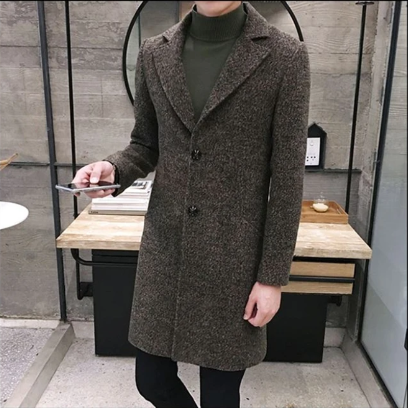 Elegant men's coat - slim-fit wool coat with lapel collar