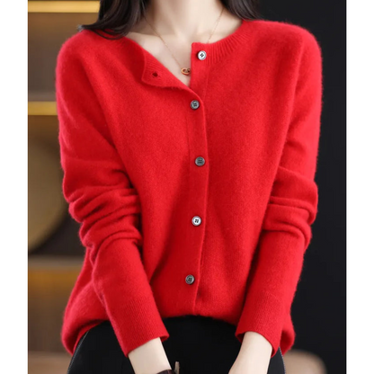 Pure Wool Ladies O-neck Cardigan Cashmere Sweater