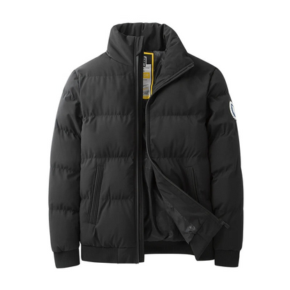 Men's puffer jacket with stand-up collar and zip side pockets