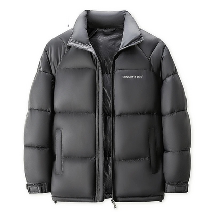 Men's puffer jacket with high collar and logo details