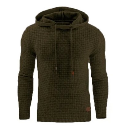 Men's sweater with hood, structured knitted jumper with drawstring