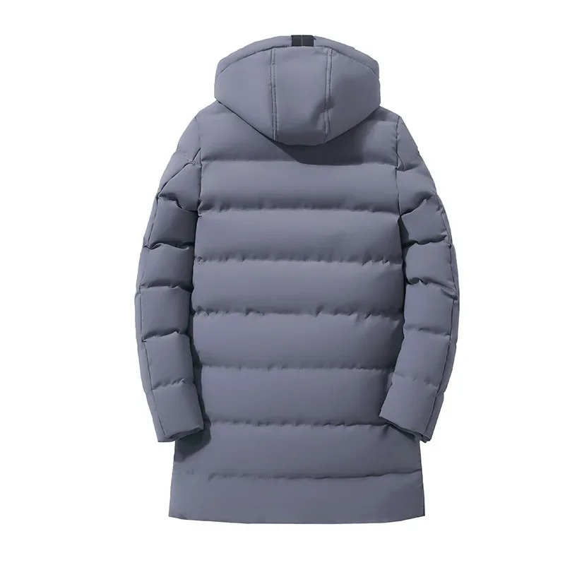 Men's long puffer jacket with hood and several pockets