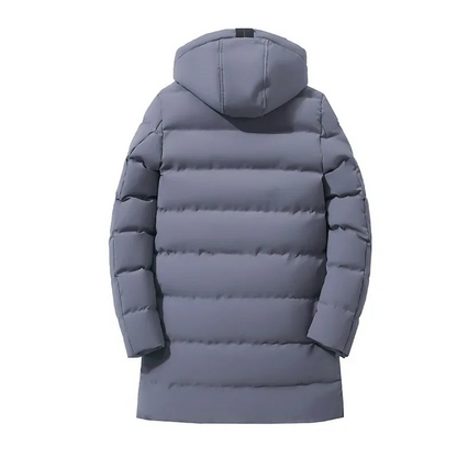 Men's long puffer jacket with hood and several pockets