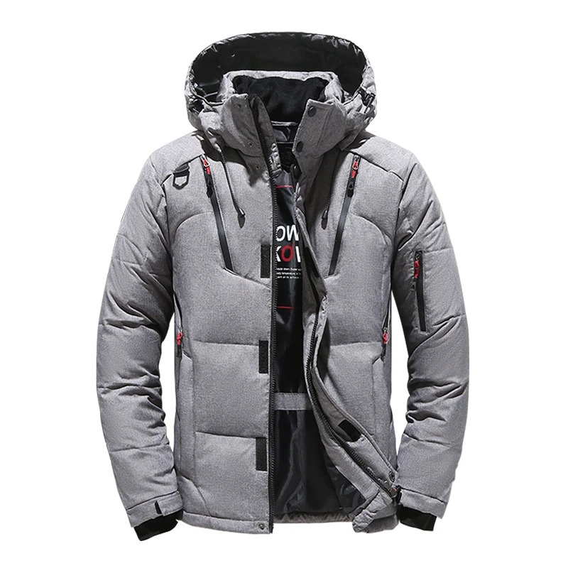 Men's puffer jacket with hood and many pockets