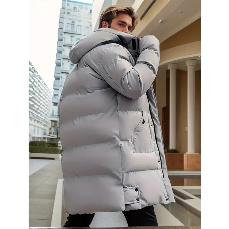 Men's long puffer jacket with adjustable hood and zip