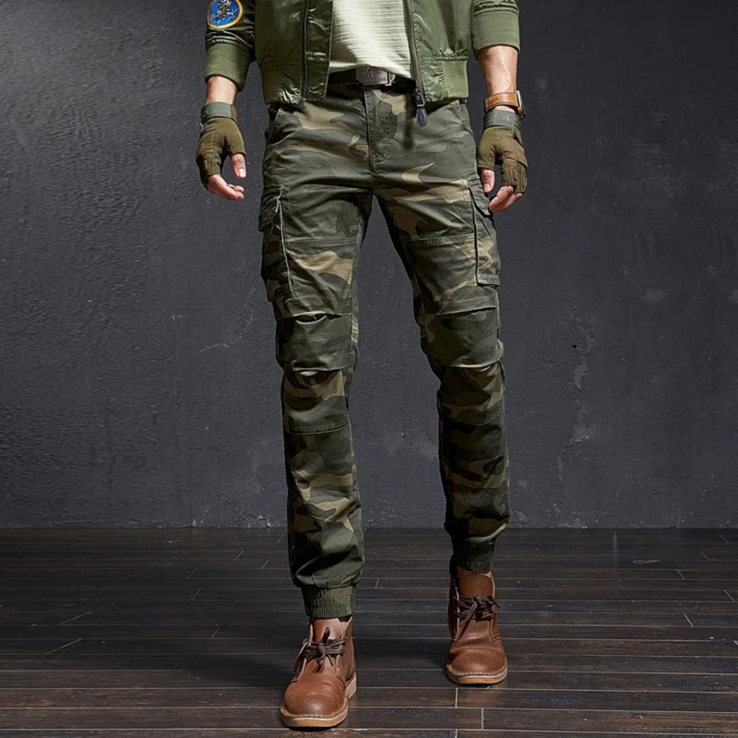 Military colour skinny long cargo pants men