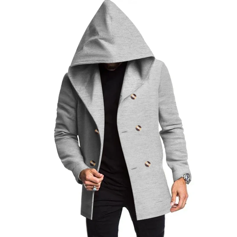 Modern men's coat - Double-buttoned coat with hood