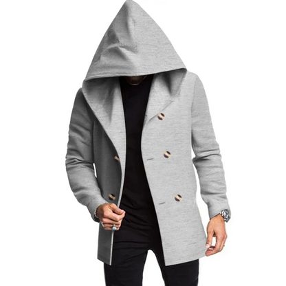 Modern men's coat - Double-buttoned coat with hood