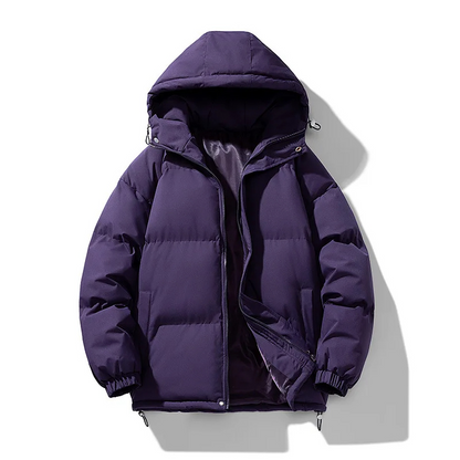 Men's puffer jacket with large hood and adjustable hem