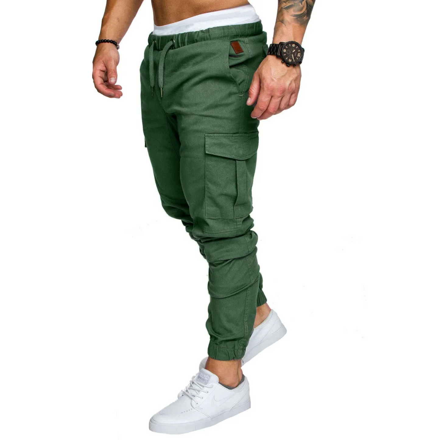 Multi-pocket long cargo trousers with drawstring for men