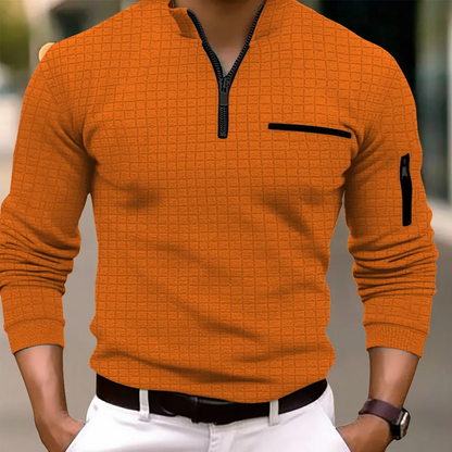 Men's sweater with quarter zip and sleeve pocket, structured knitted jumper