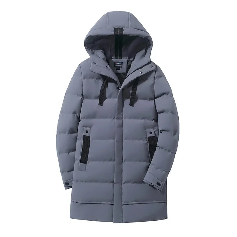 Men's long puffer jacket with hood and several pockets