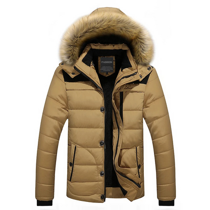 Men's parka winter jacket with detachable hood and button fastening