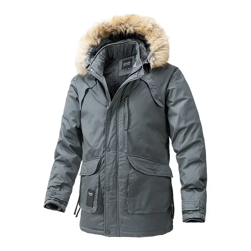 Men's parka winter jacket with fur hood and zip pockets