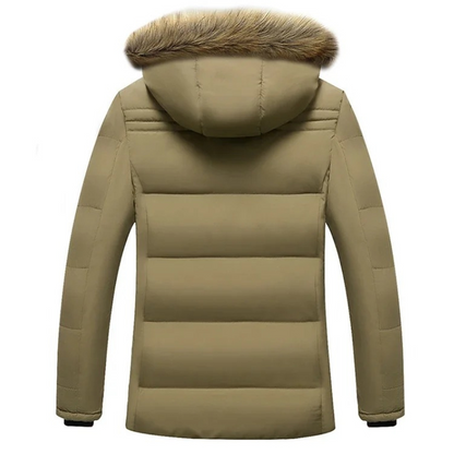 Men's lined parka jacket with hood and faux fur trim