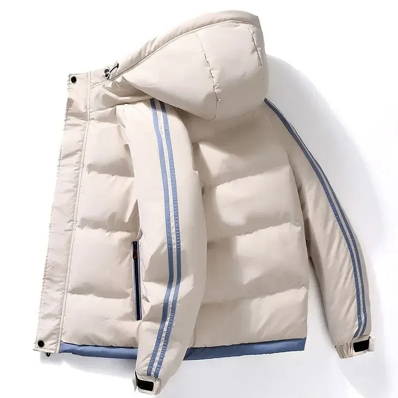 Men's puffer jacket with hood and contrasting stripes