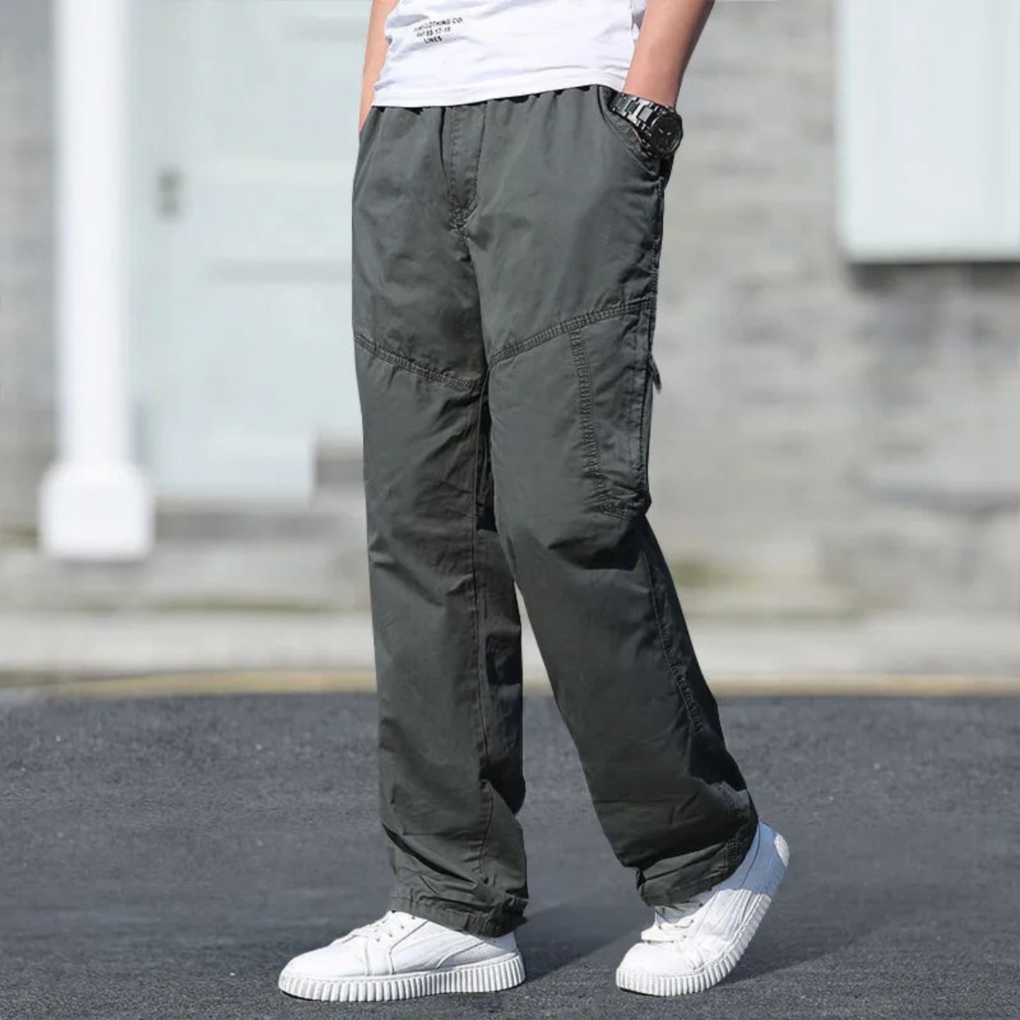 Grey oversized straight cut cargo trousers for men