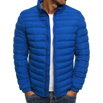 Men's puffer jacket with stand-up collar and front zip