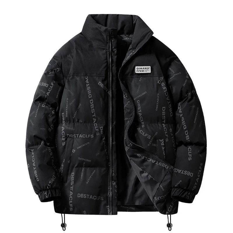 Men's puffer jacket with pattern print and drawstring