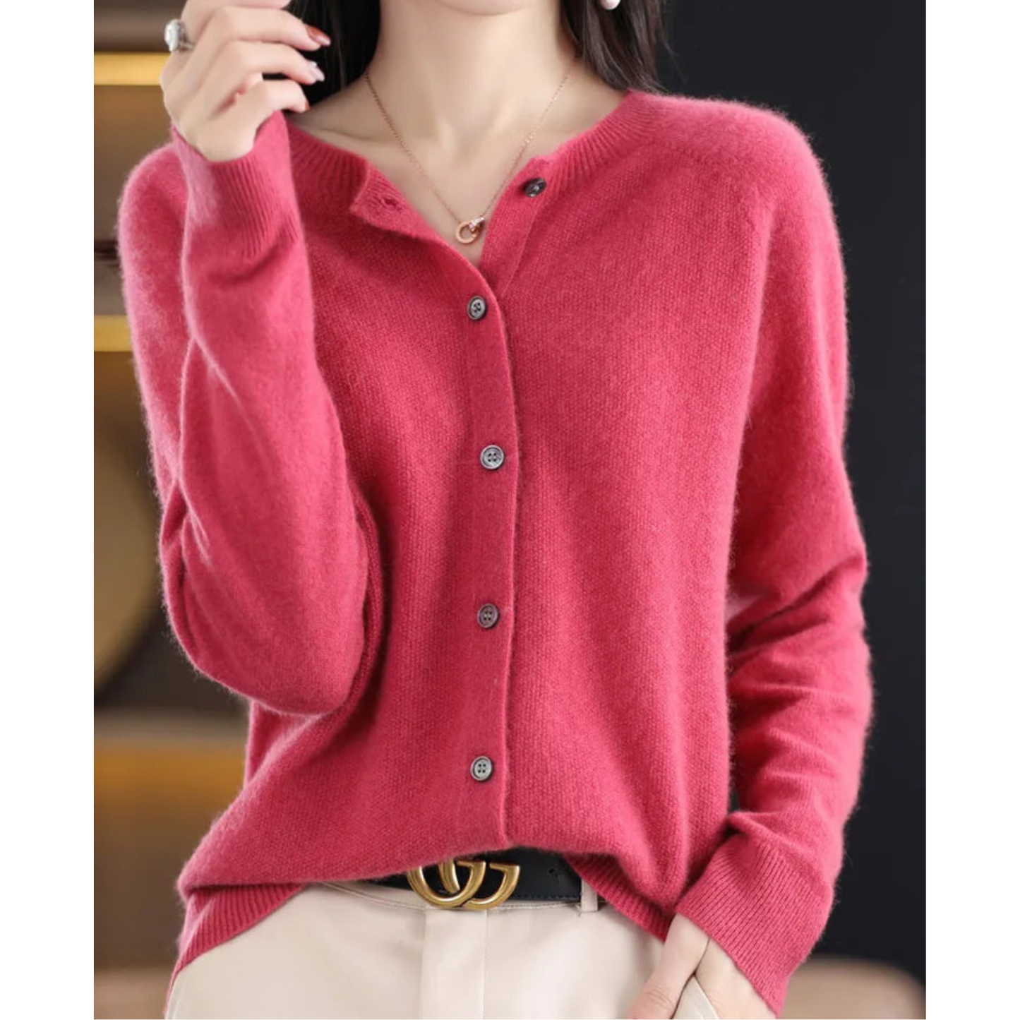 Pure Wool Ladies O-neck Cardigan Cashmere Sweater