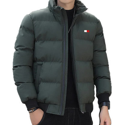 Men's puffer jacket with zip pockets and patch detail