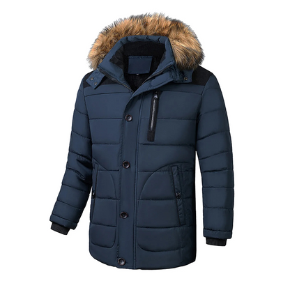 Men's parka winter jacket with detachable fur hood and zip fastening