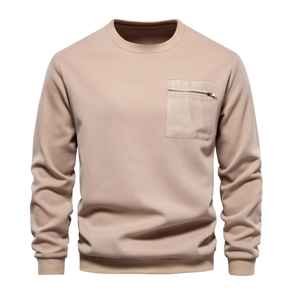 Men's sweater, round neck casual jumper with zip pocket