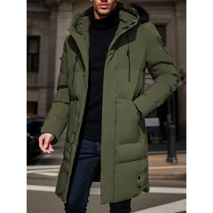 Men's long puffer jacket with adjustable hood and zip