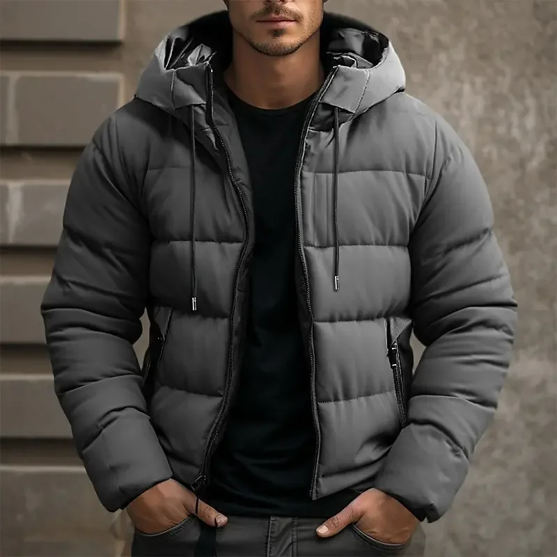 Men's puffer jacket with hood and zip pockets