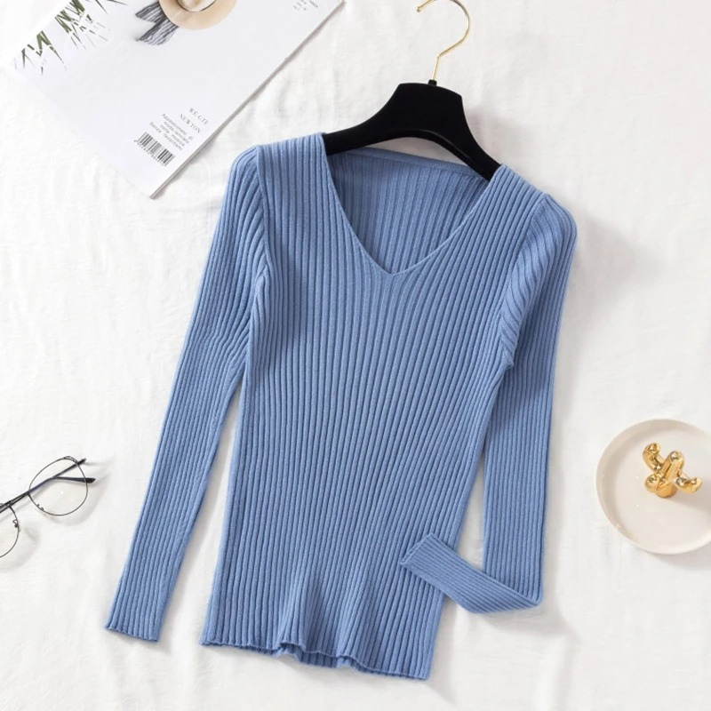 Slim-Fit Ribbed V-Neck Pullover For A Chic Look - Women's Sweater