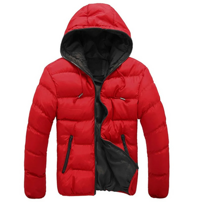 Men's puffer jacket with hood and contrast lining