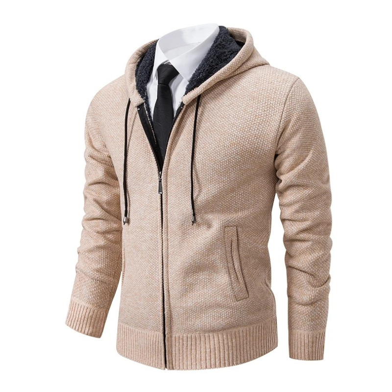 Men's sweater with hood, knitted cardigan with zip and drawstring