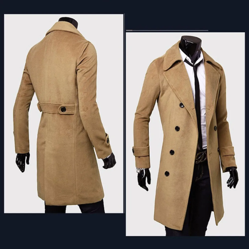 Stylish men's coat - Long double-breasted coat with slim fit