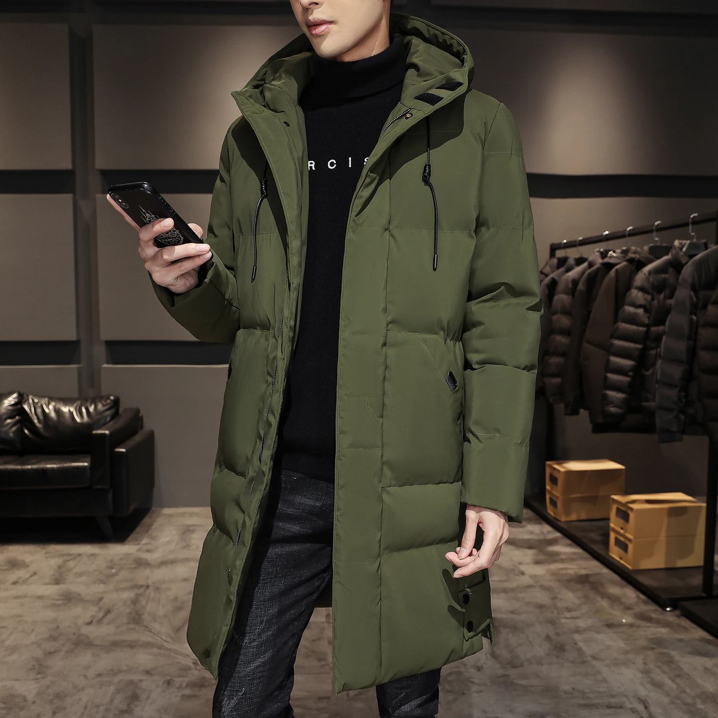 Puffer jacket men long with hood and practical pockets