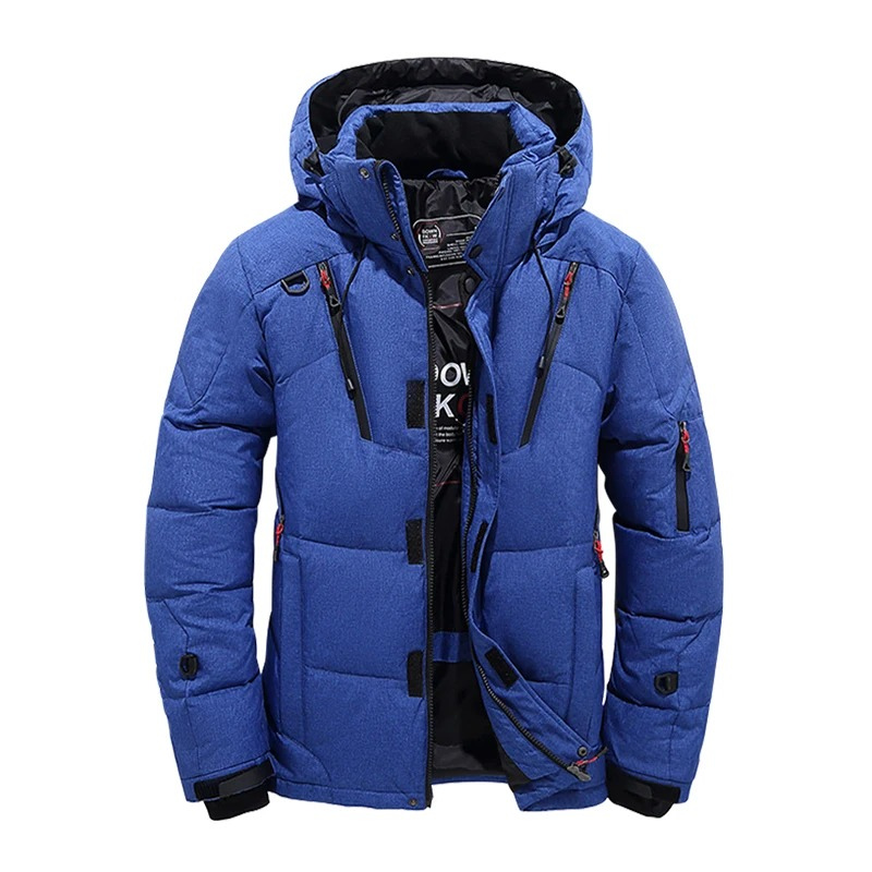 Men's puffer jacket with hood and many pockets